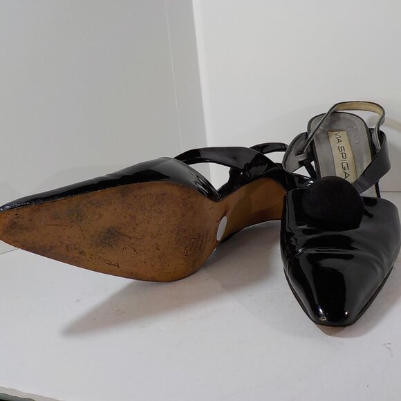 VIA SPIGA, Black Patent Leather, Sling Back Pumps with Suede Button Accent - Picture 5 of 11